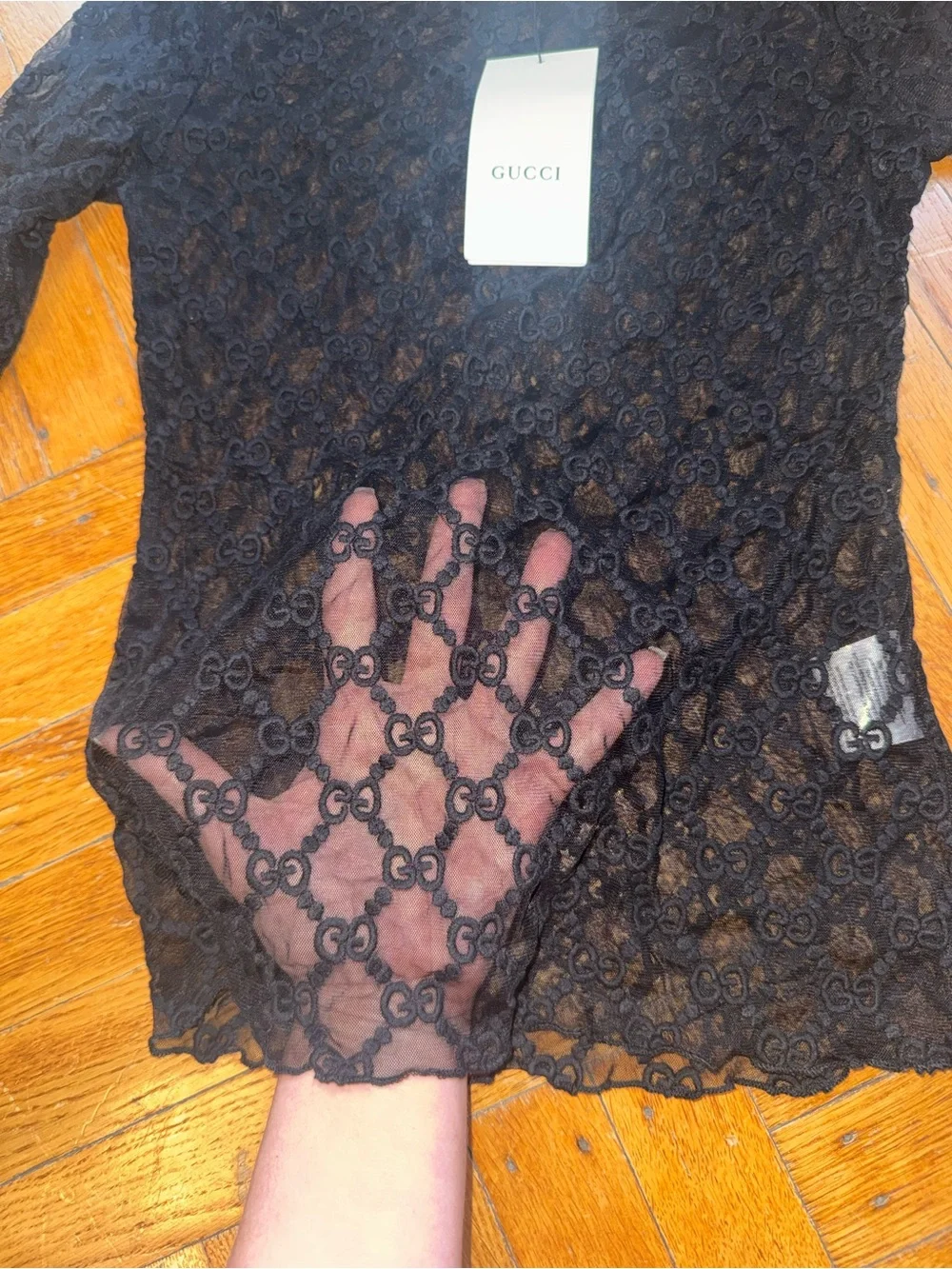 Gucci Black Long-Sleeve Lace Mesh Top - Picture 9 of 12